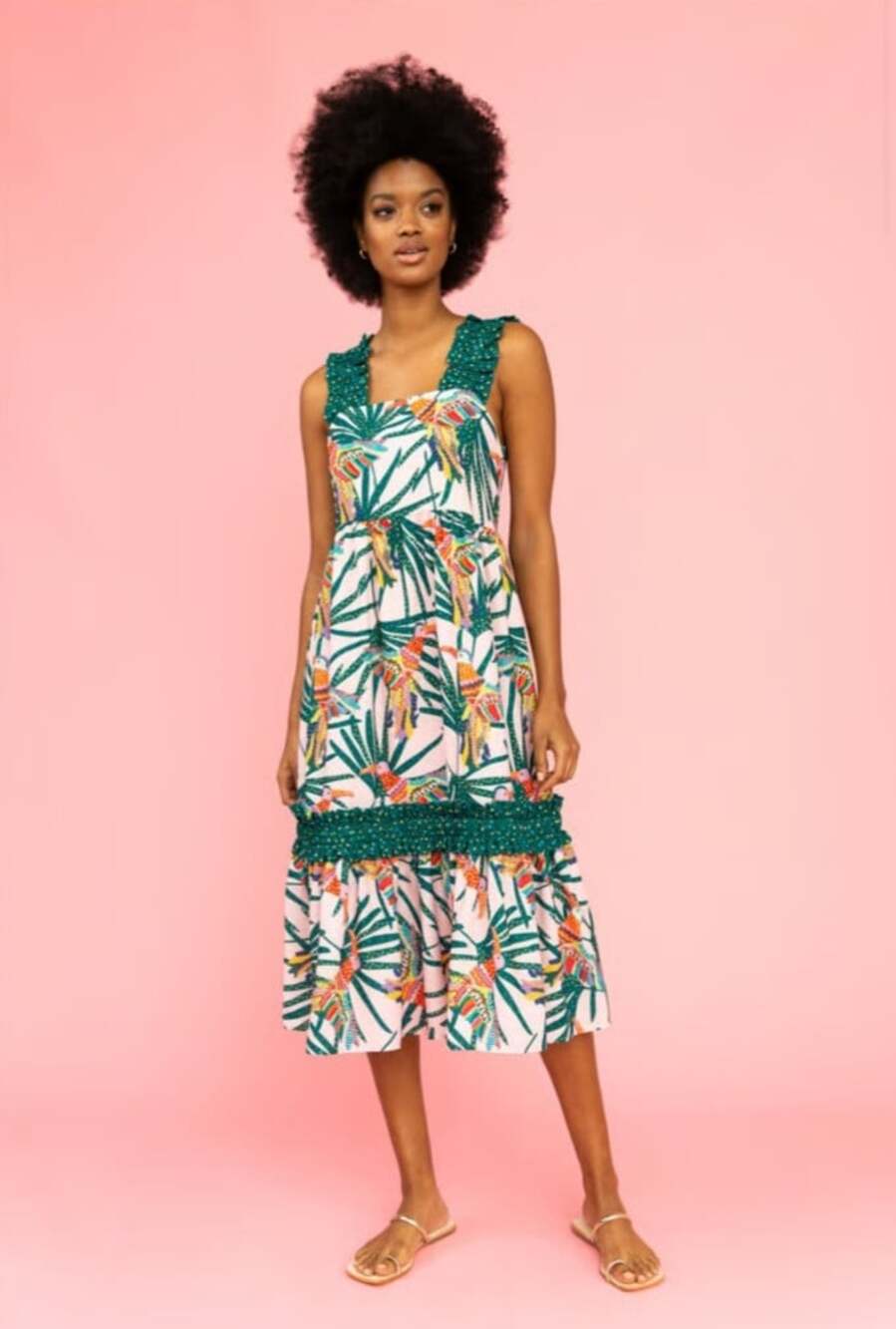 Crosby by Mollie Burch Bowie Dress in Parrot Party Print Midi Dress Size Medium